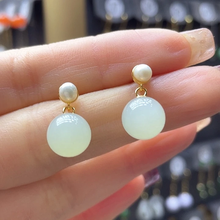 和田玉耳饰银S925镀金镶嵌