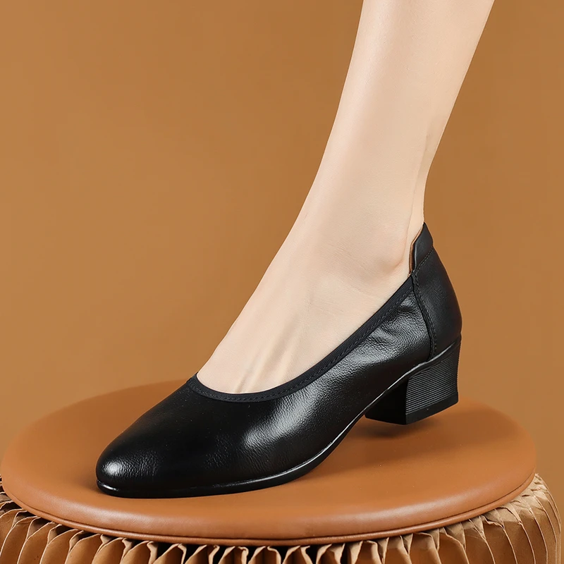 真皮轻职风极简风修面单鞋低跟软底尖头工作鞋单鞋职业鞋