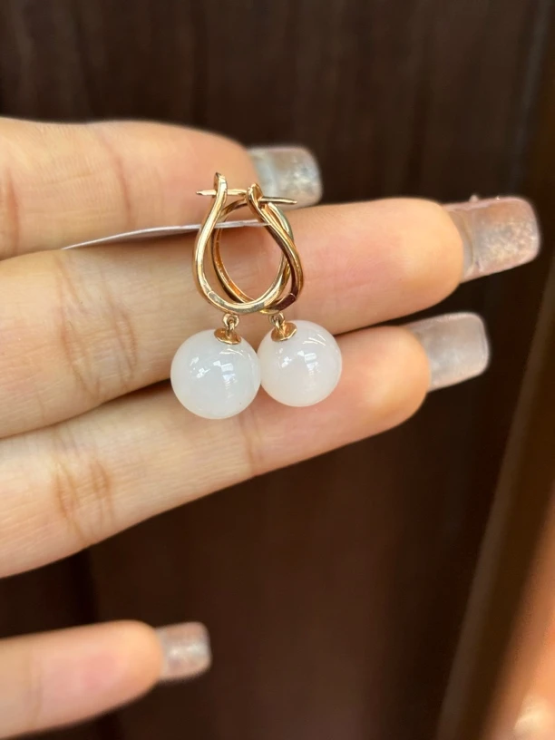 3656 和田玉羊脂白18k金镶嵌耳饰 多样性发其一