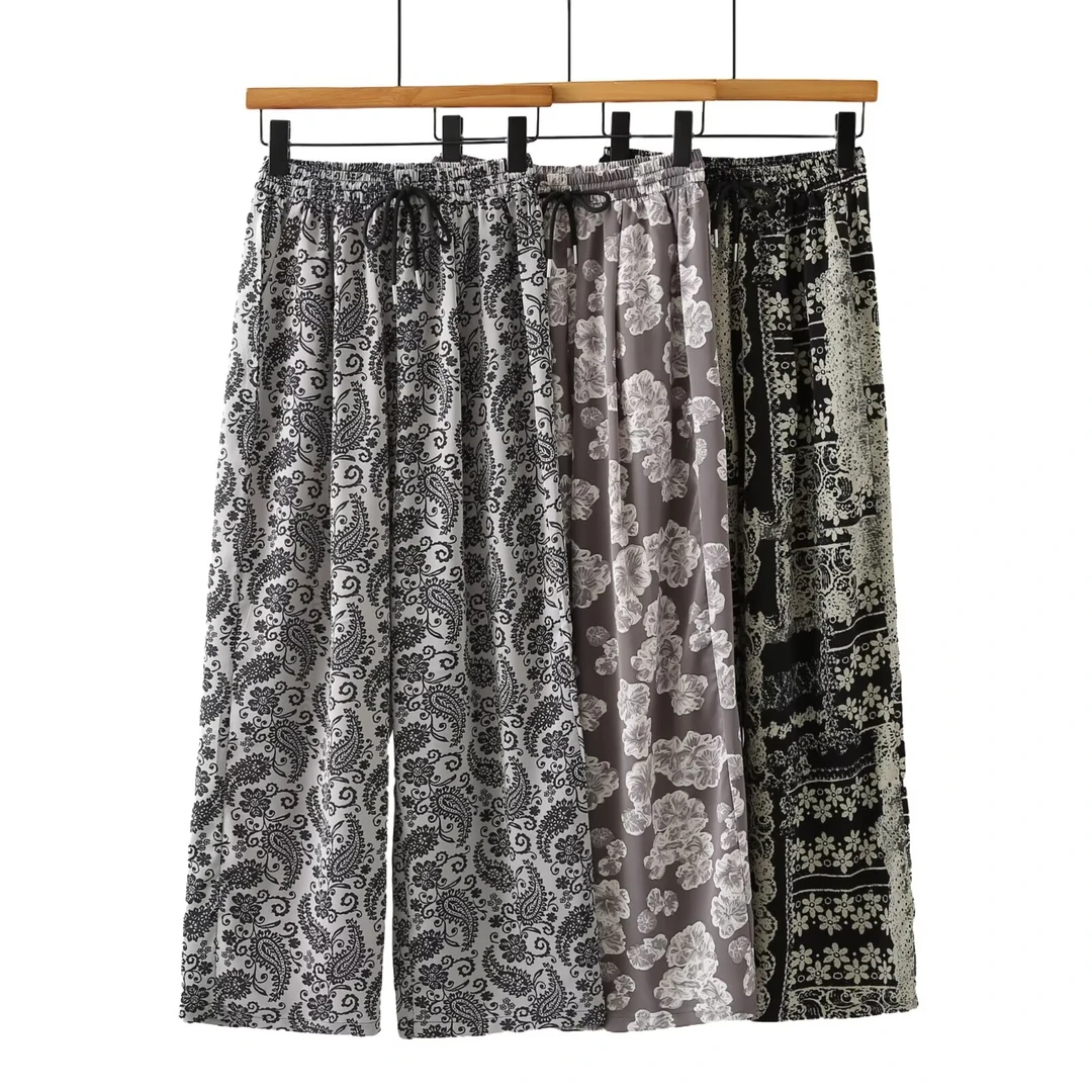 【抖抖凉皮裤】夏季冰丝阔腿裤慵懒风休闲奶奶裤复古印花长裤