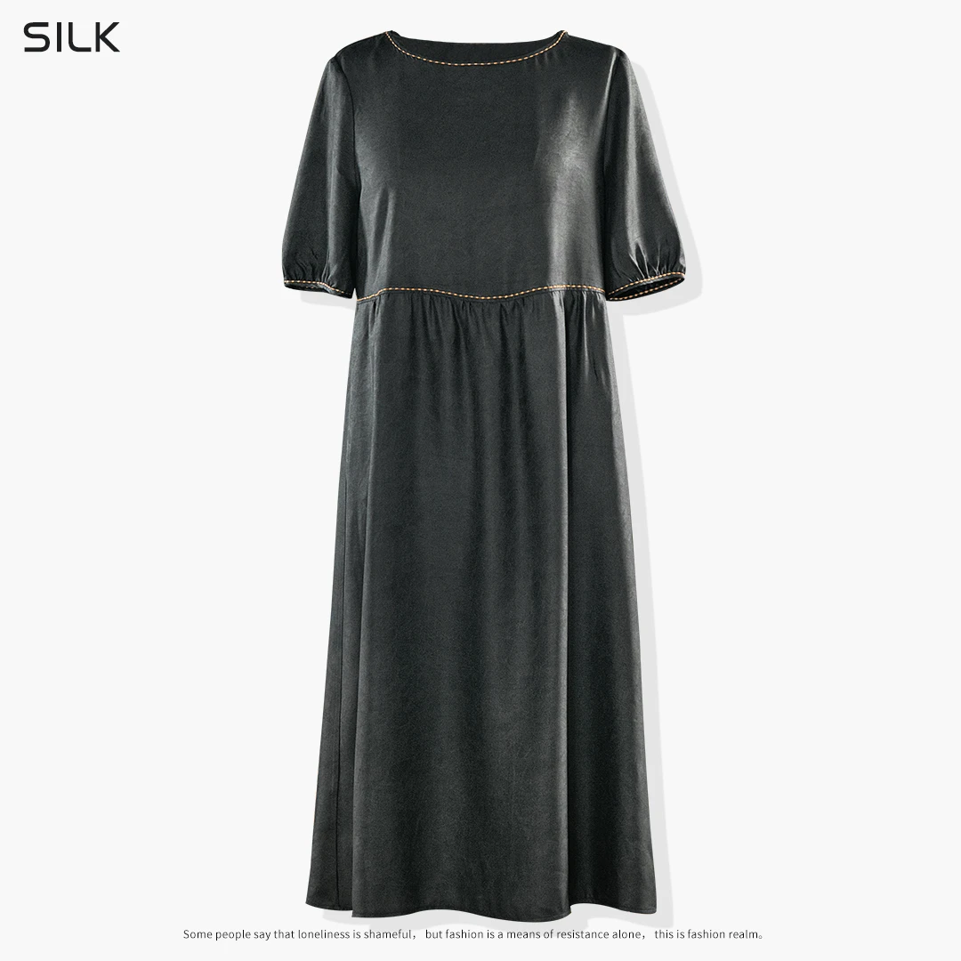 『暮色』100%桑蚕丝真丝女装连衣裙时尚香云纱圆领黑色宽松连衣裙