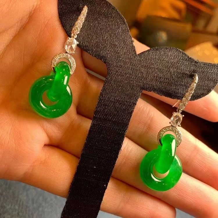 铜合金耳饰 翠绿色双圈耳环新中式女镶嵌新中式简约耳钉情人节饰