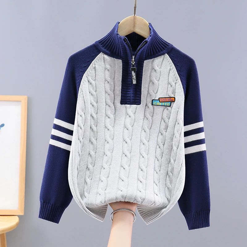 男童条纹学生毛衣新款中大童秋冬高领加绒加厚拉链针织衫毛线衣服