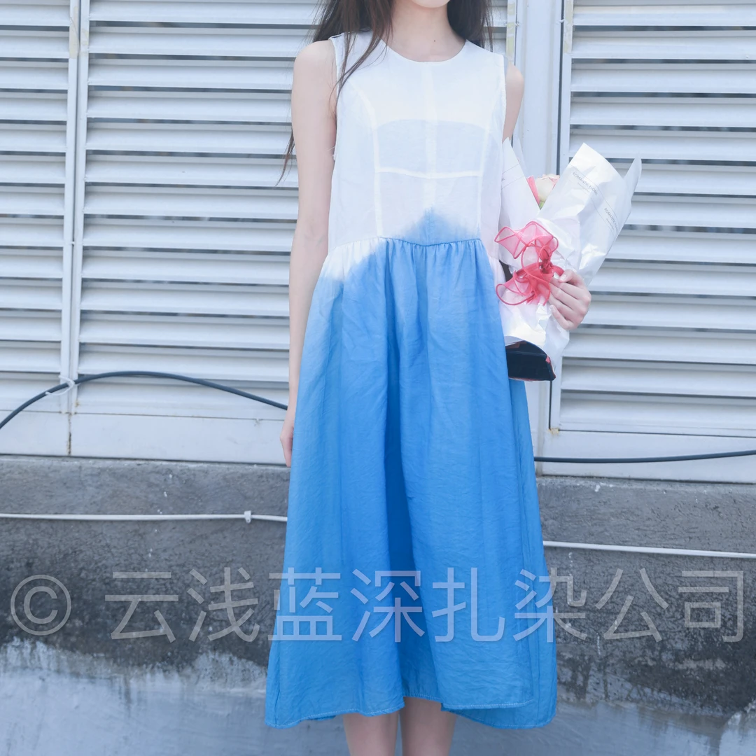 云浅蓝深 扎染简约气质款亚麻背心裙带内搭