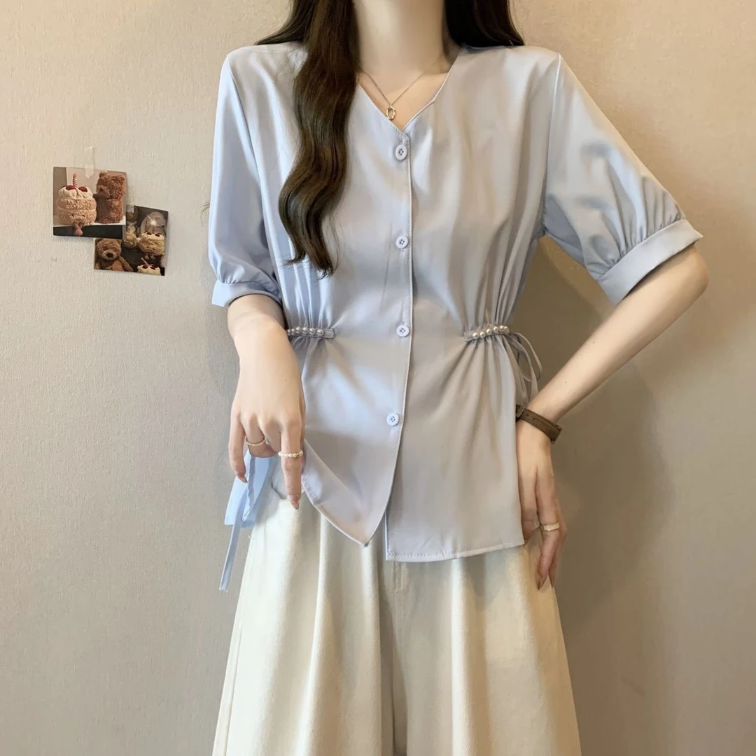 大码女装2025短袖衬衫夏季新款显瘦收腰妹妹设计减龄胖肚子上衣