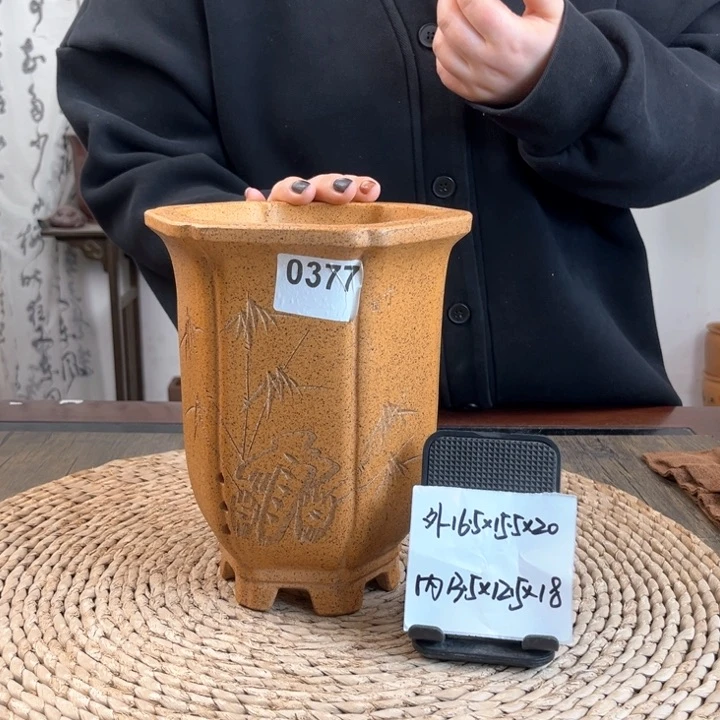 紫砂花盆柴烧菱花六方兰盆0377