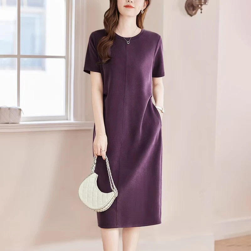 紫色短袖连衣裙女士夏季2025年新款大码女装长款宽松直筒妈妈裙子