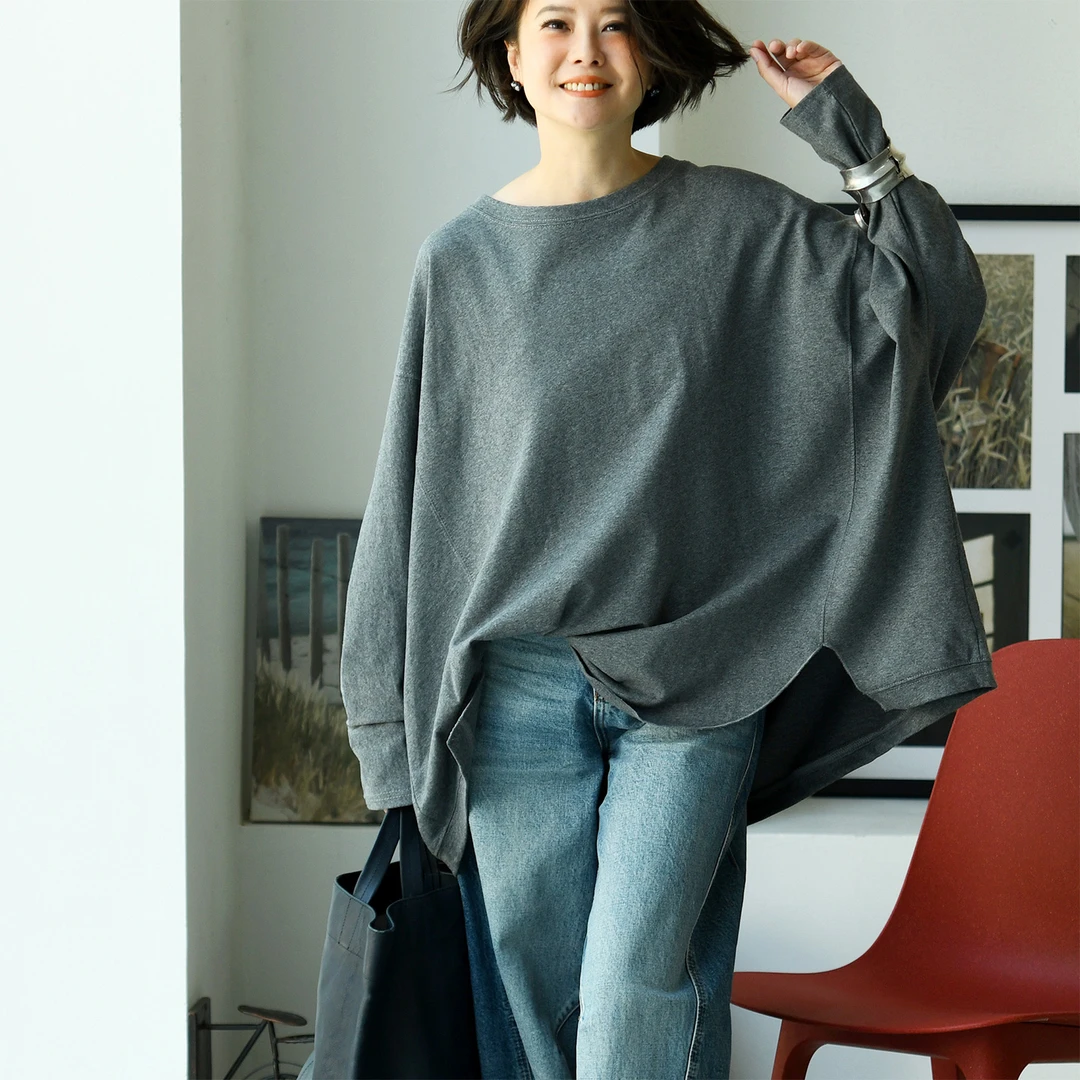 T59300 休闲百搭纯棉宽松圆领蝙蝠袖不对称圆摆T恤女秋 米兰宣言