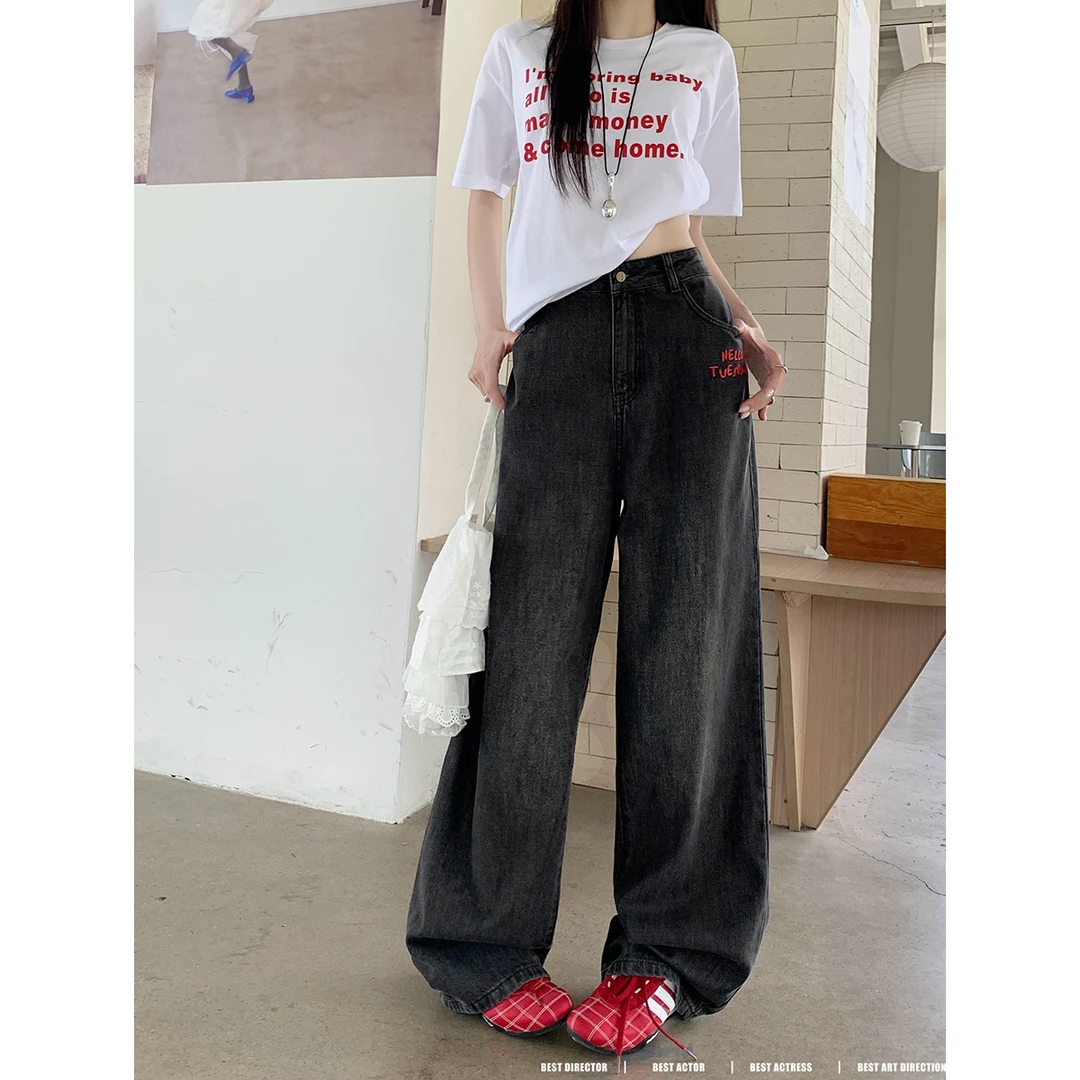 2025新款大码男友风帅气复古高腰阔腿裤垂感百搭设计感辣妹牛仔裤