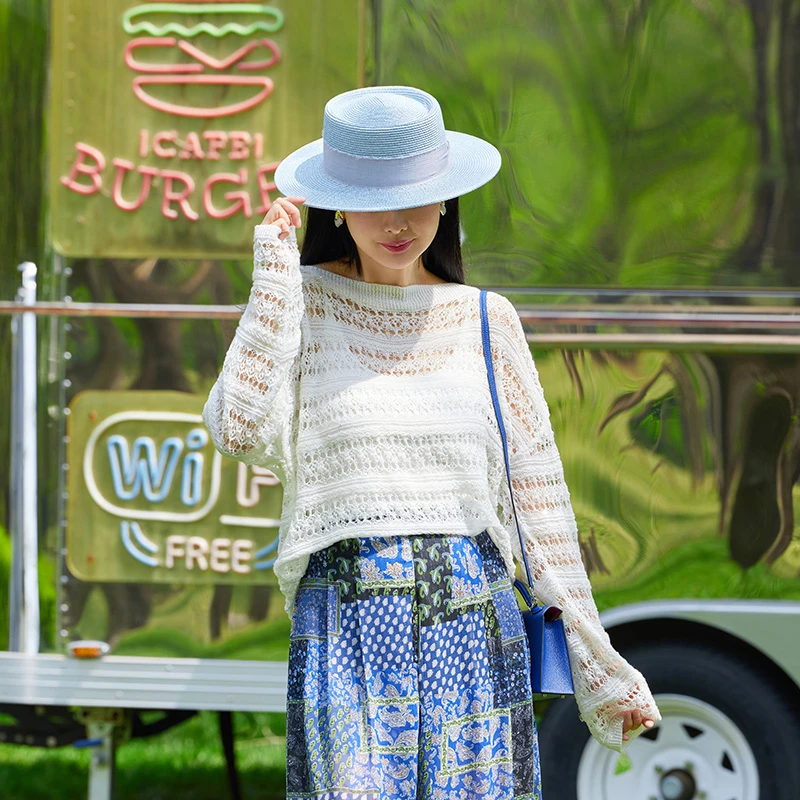 TRACY CHU混羊毛镂空透视大领T恤时尚气质设计师针织条纹恋夏风格