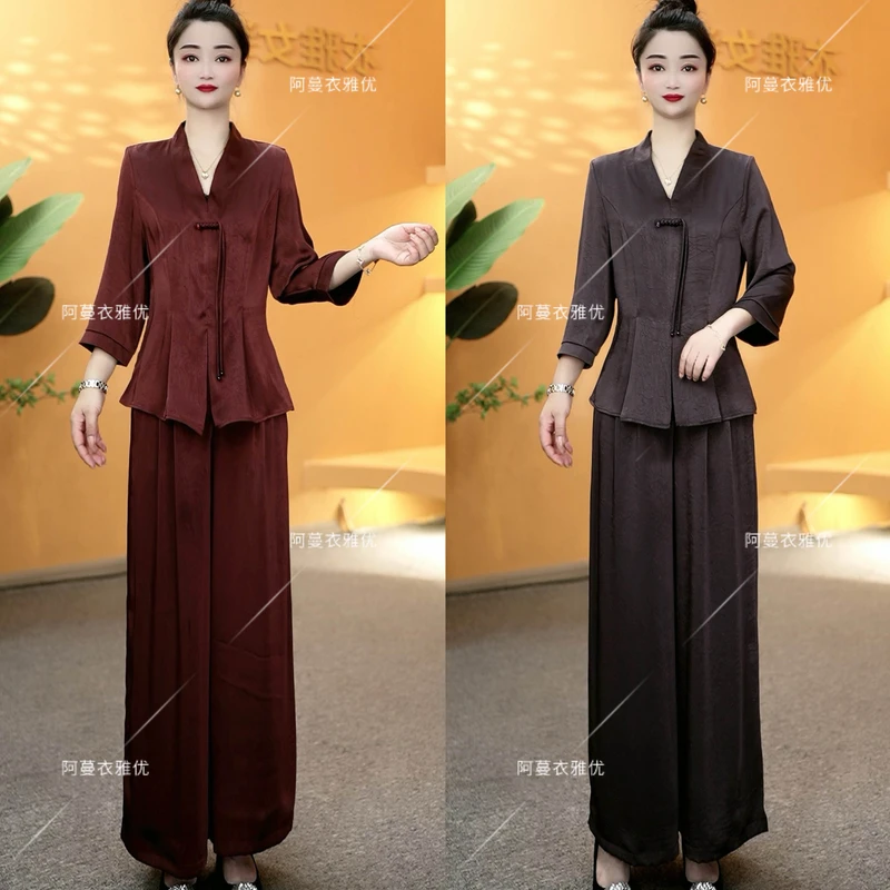 【衣雅严选】8085-1628#新款重磅桑丝缎上衣加裤子套装