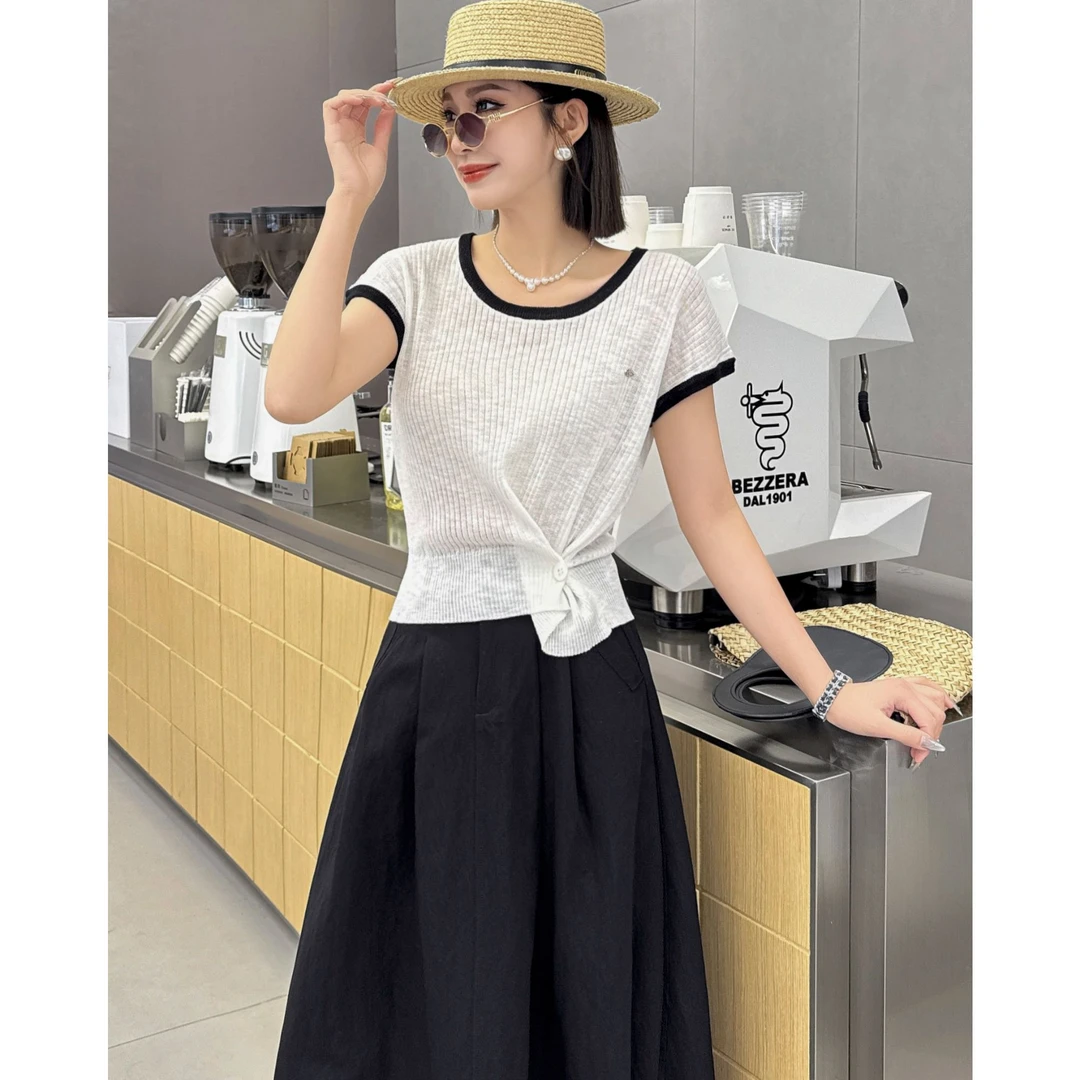 2025夏新款时尚套装女洋气减龄显瘦短袖针织上衣a字半身裙两件套