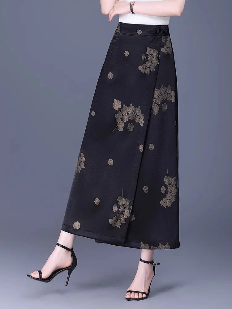 醋酸印花包臀裙半身裙女新款长款裙子新中式一片式直筒开叉一步裙