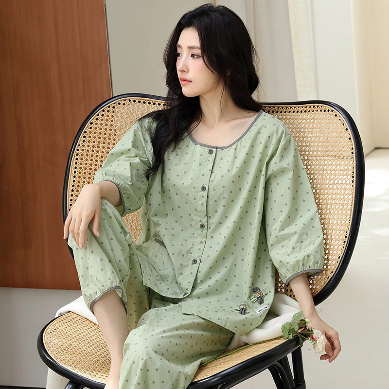 新品【绿色心心～云感棉】短袖长裤舒适棉质家居服套装可外穿8138