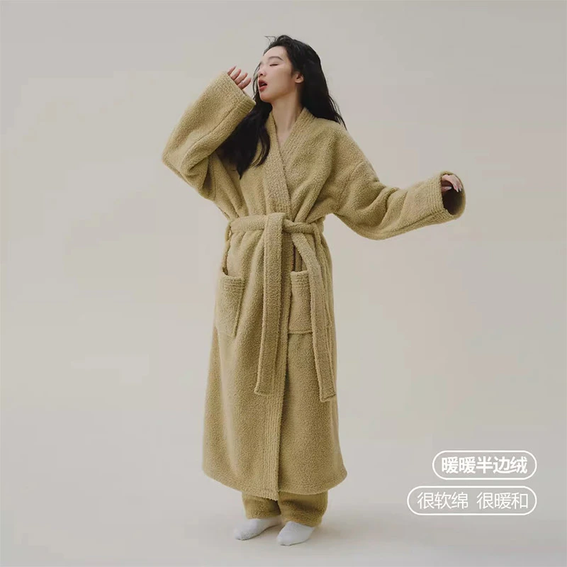 睡袍女秋冬季新款半边绒加绒男士浴袍珊瑚绒情侣睡衣浴衣加厚冬天