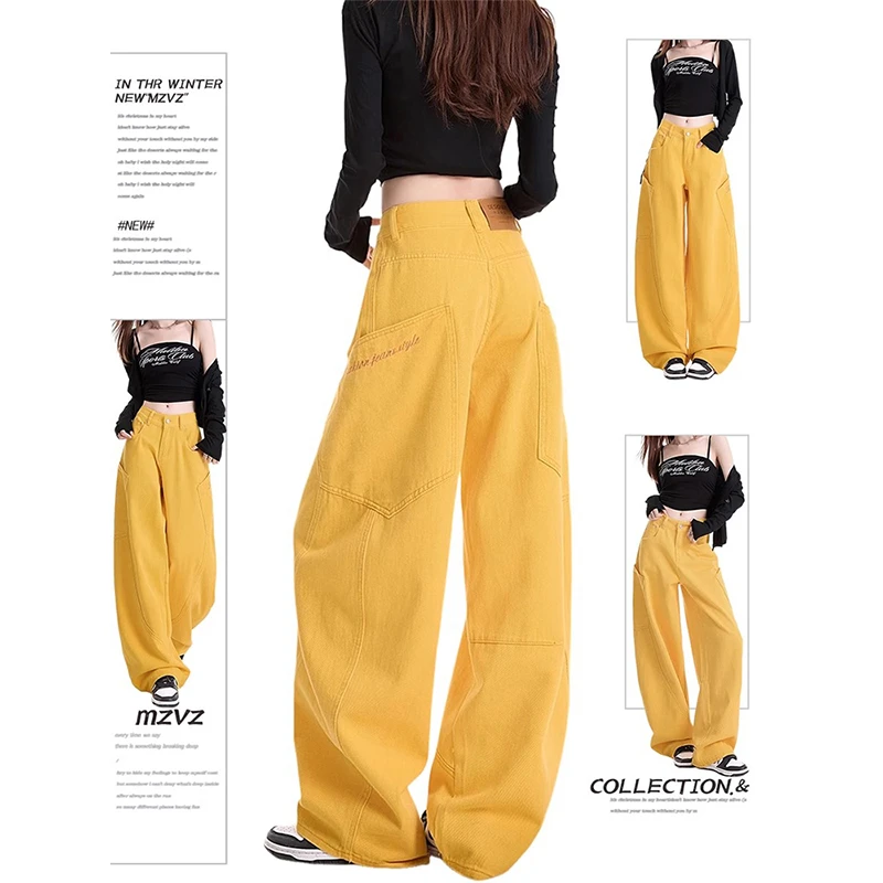 美式复古黄色刺绣弯刀牛仔裤女春季设计感高腰宽松工装镰刀阔腿裤