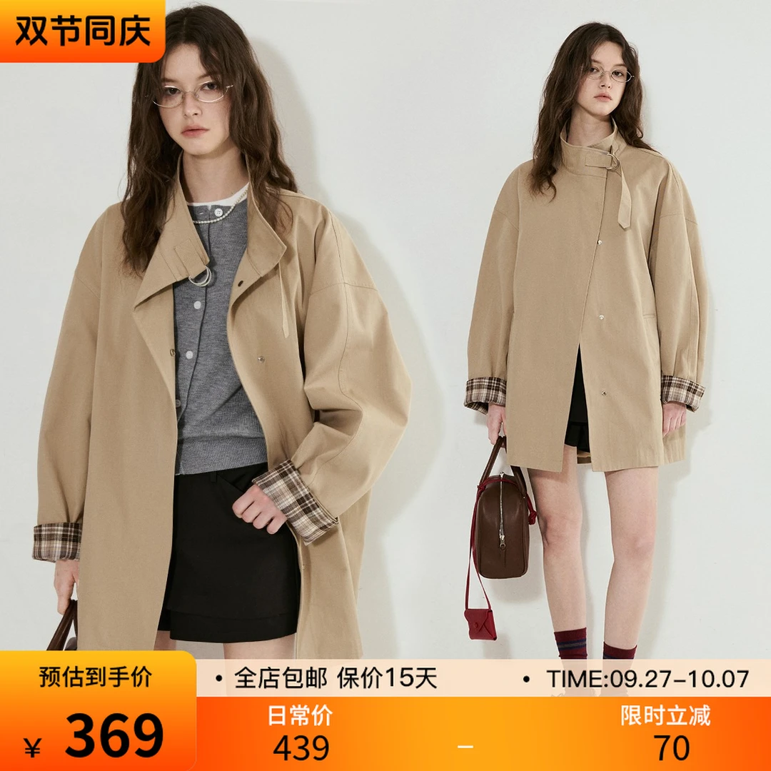 范洛 “英伦风范 袖口撞色格纹拼接”金属四合扣风衣FC25W088