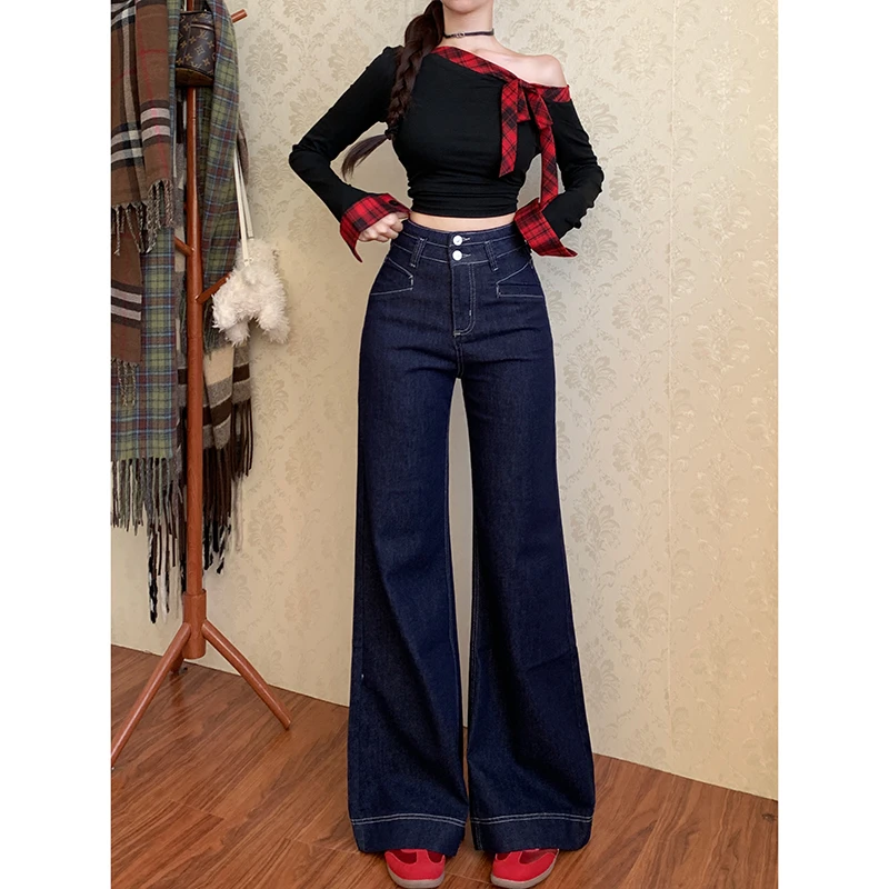 丹宁色不贴腿微喇牛仔裤女2025年冬季新款高腰弹力修身显瘦长裤