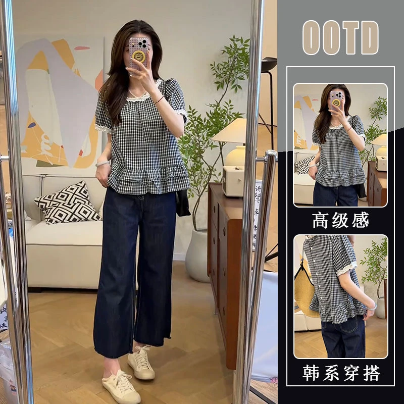 蕾丝花边格子短袖衬衫女夏2025新款荷叶边圆领娃娃衫牛仔裤两件套