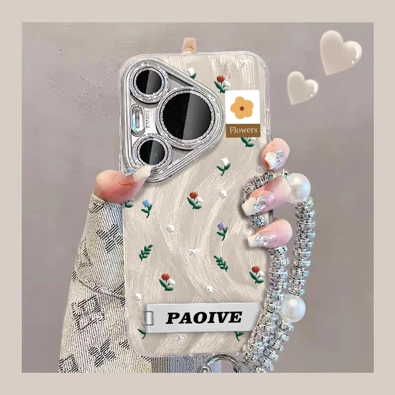 适用华为pura80手机壳闪粉镜头膜网红女款轻奢高档碎花带支架手链