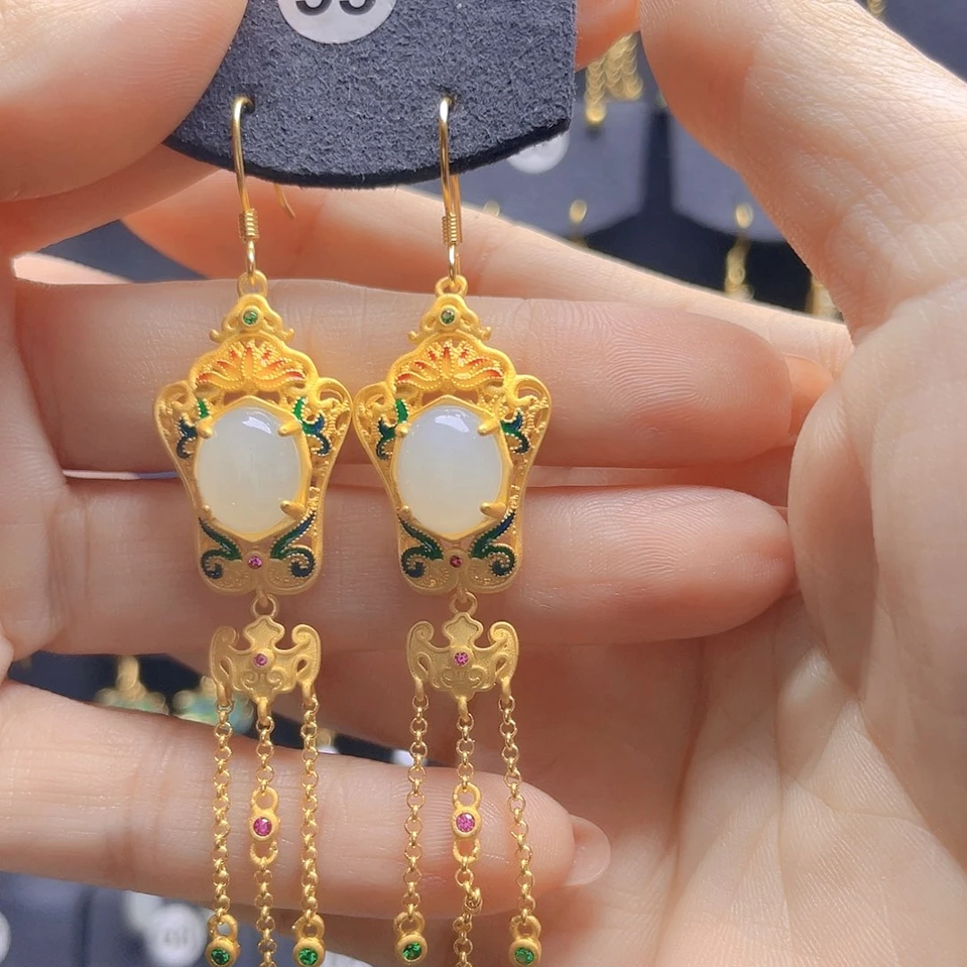 和田玉银S925镀金镶嵌耳饰