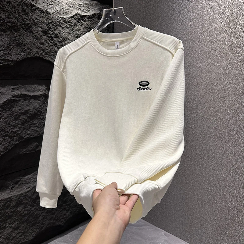 简约男士百搭休闲纯色圆领卫衣秋冬新款百搭时尚字母刺绣拼接上衣