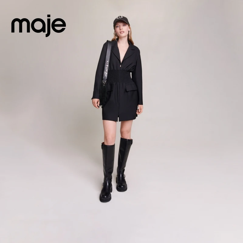 【一秒入夏】Maje女装高级感西装领长袖收腰连衣裙短裙MFPRO03098