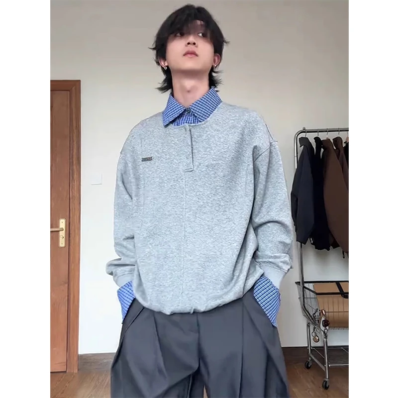 假两件衬衫领卫衣男春季格子拼接长袖t恤美式学院风polo衫外套