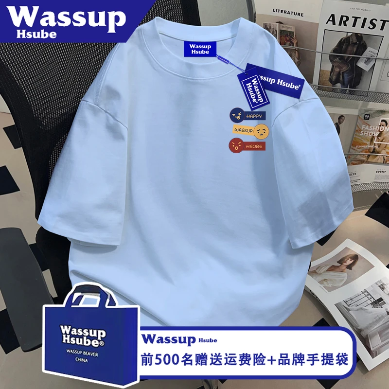 WASSUP HSUBE标签字母印花短袖ins时尚感男女款T恤天蓝色纯棉半袖