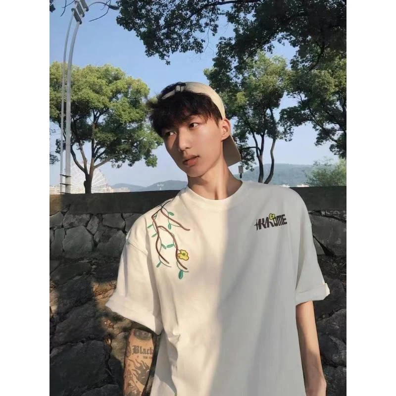 美式复古植物蔓藤刺绣T恤短袖新款男重磅潮流宽松情侣白色上衣潮