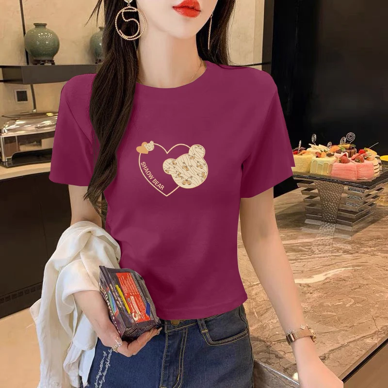2025夏季新款正肩圆领修身显瘦洋气短袖t恤洋气卡通印花女装上衣