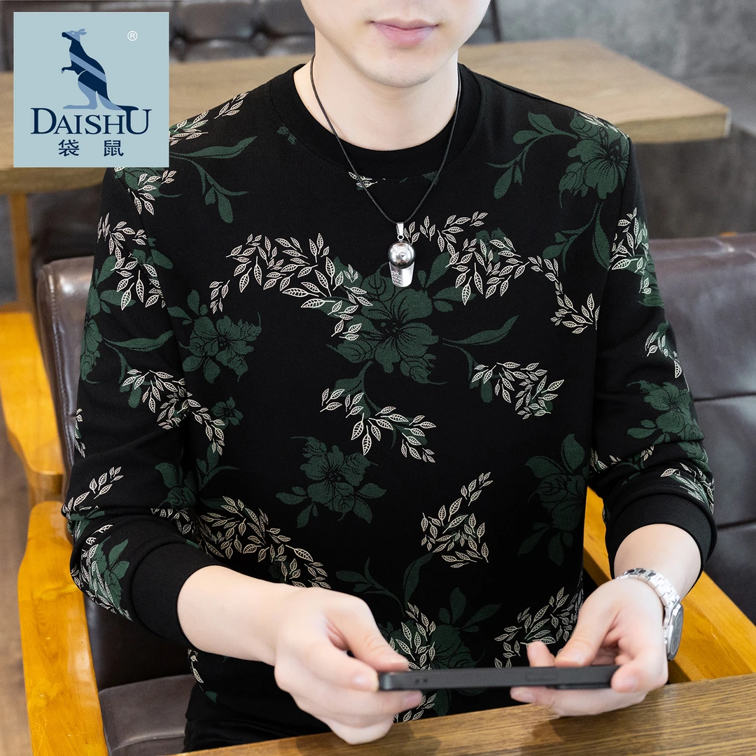 Dai Shu/袋鼠秋季男士卫衣时尚潮流百搭长袖简约休闲圆领印花上衣