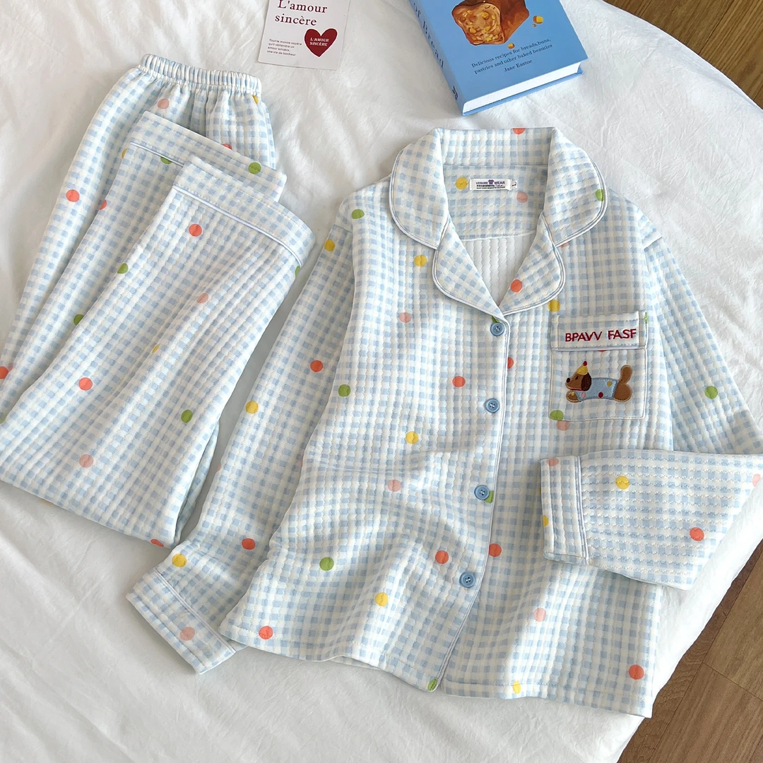 空气棉夹层长袖家居服秋冬睡衣女款爆款2025新款高档衬衫领加厚