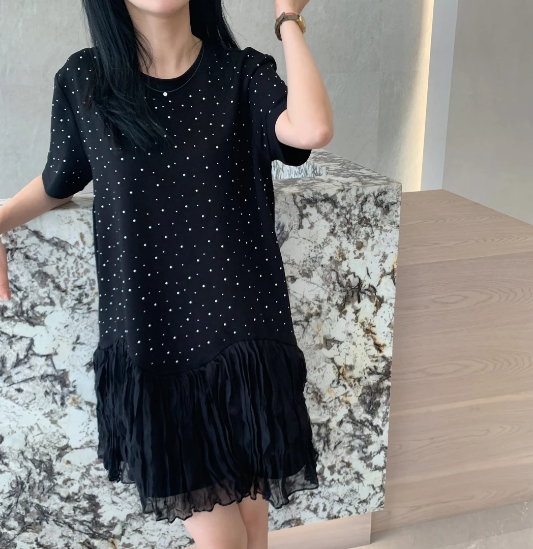 设计师款高级感黑色满天星烫钻圆领女夏季新款荷叶边连衣裙LY014