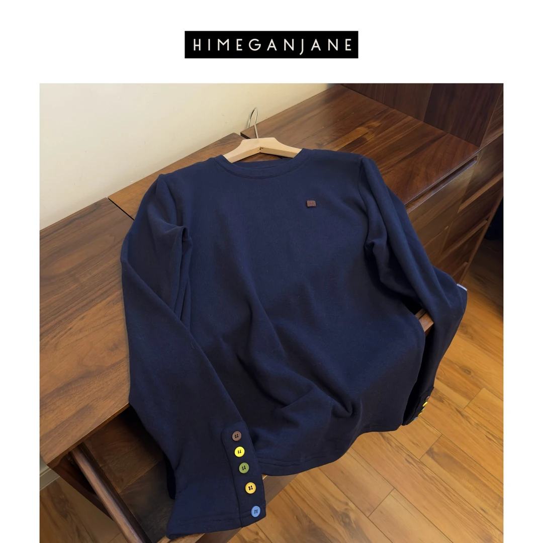 HIMEGANJANE 袖口彩扣方笑脸刺绣小标长袖T恤24310