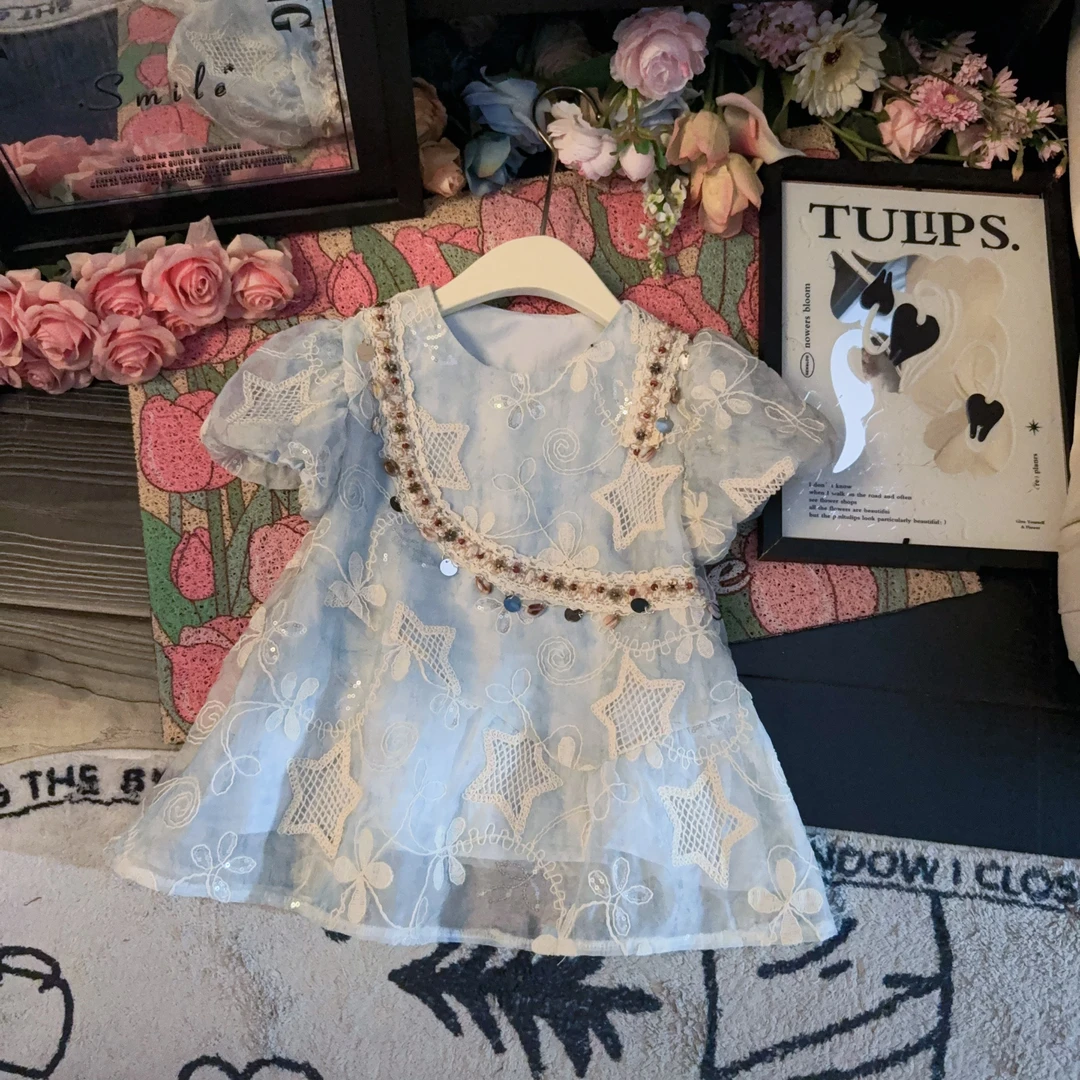 【现货】女童设计甜美夏季甜美2025新款儿童蕾丝亮片连衣裙子