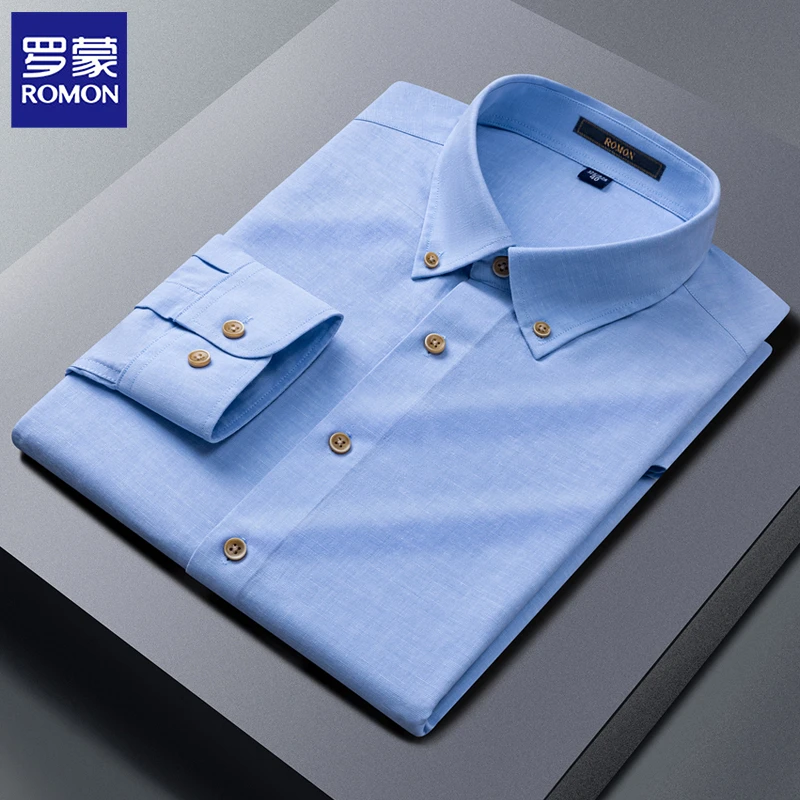 罗蒙春秋男士长袖衬衣轻奢免烫抗皱衬衫男有口袋扣领商务休闲外套