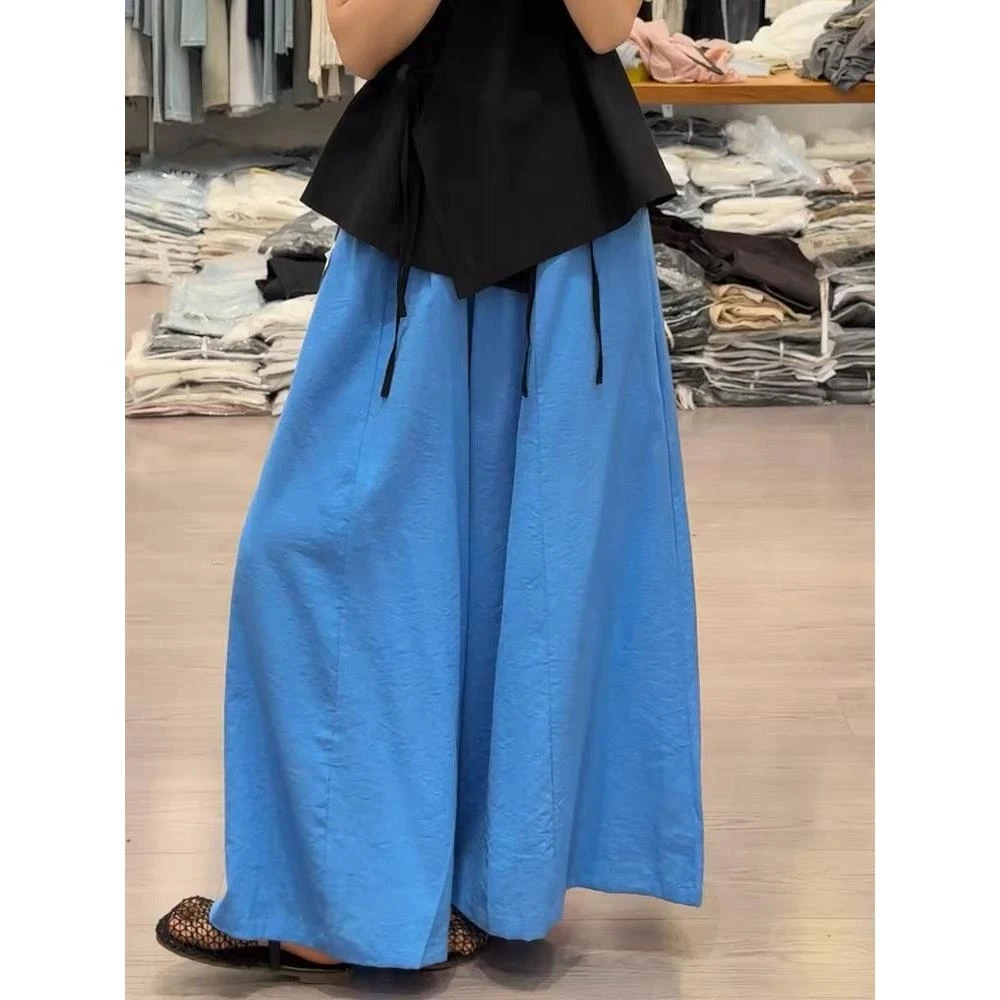 蓝色垂感阔腿裙裤女夏季宽松遮肉高腰大摆休闲长裤