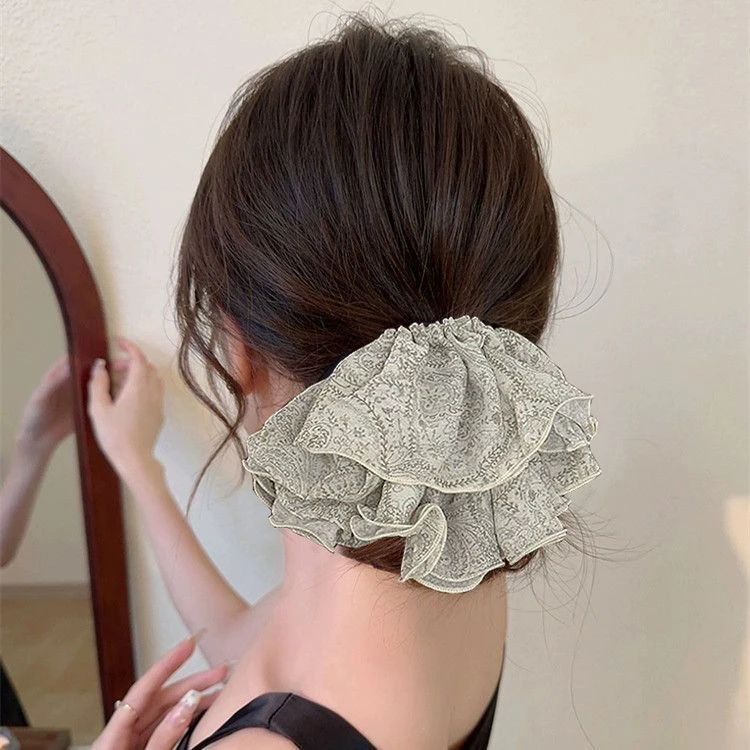 法式新款碎花雪纺发圈大号大肠发圈百搭蕾丝优雅气质发绳褶皱发饰