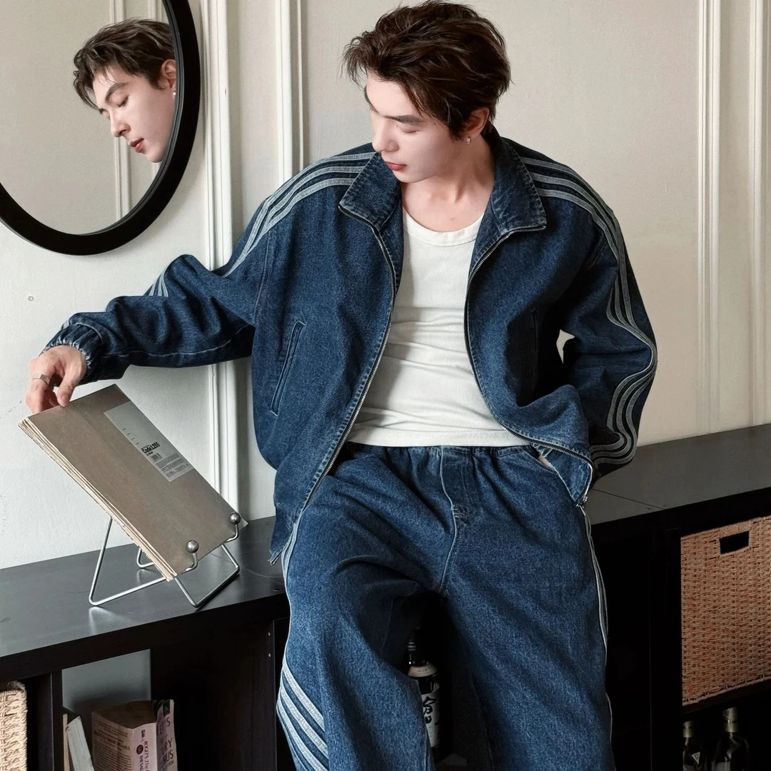 辰先生秋冬明星蓝立领长袖加厚宽松三条杠牛仔夹克外套时尚套装男