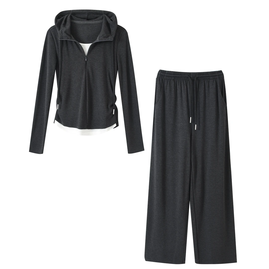 【娃娃专属】绒感高弹假两件显瘦修身连帽上衣直筒裤套装两件套A047