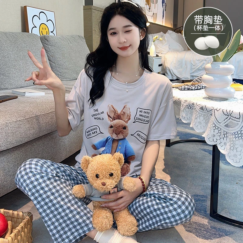 纯棉带胸垫可外穿女士卡通短袖长裤睡衣夏季宽松家居服套装