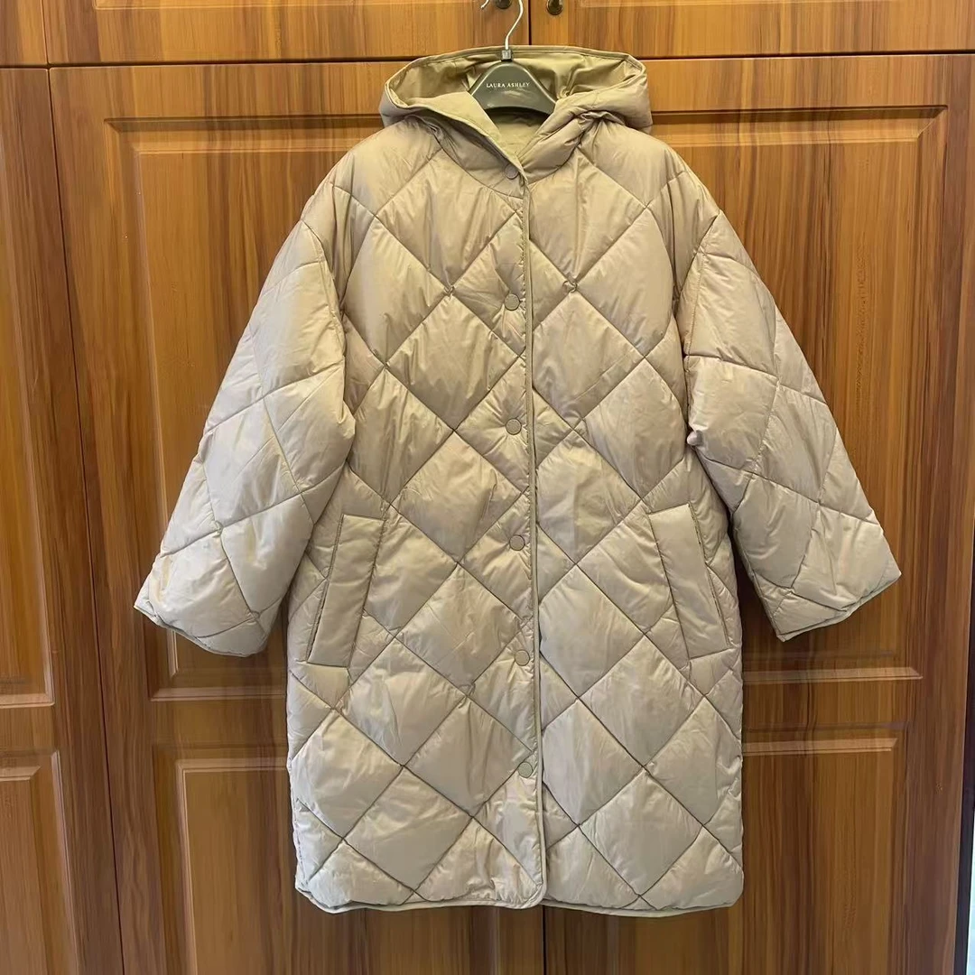 【50玫瑰】长袖鹅绒服棉服长款厚款常规中长款菱形冬季连帽中长版