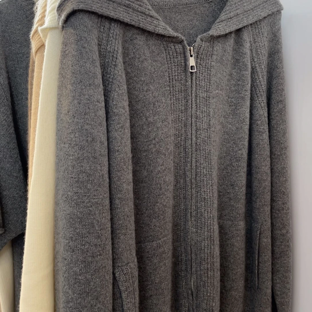 双拉链 连帽 羊绒 开衫