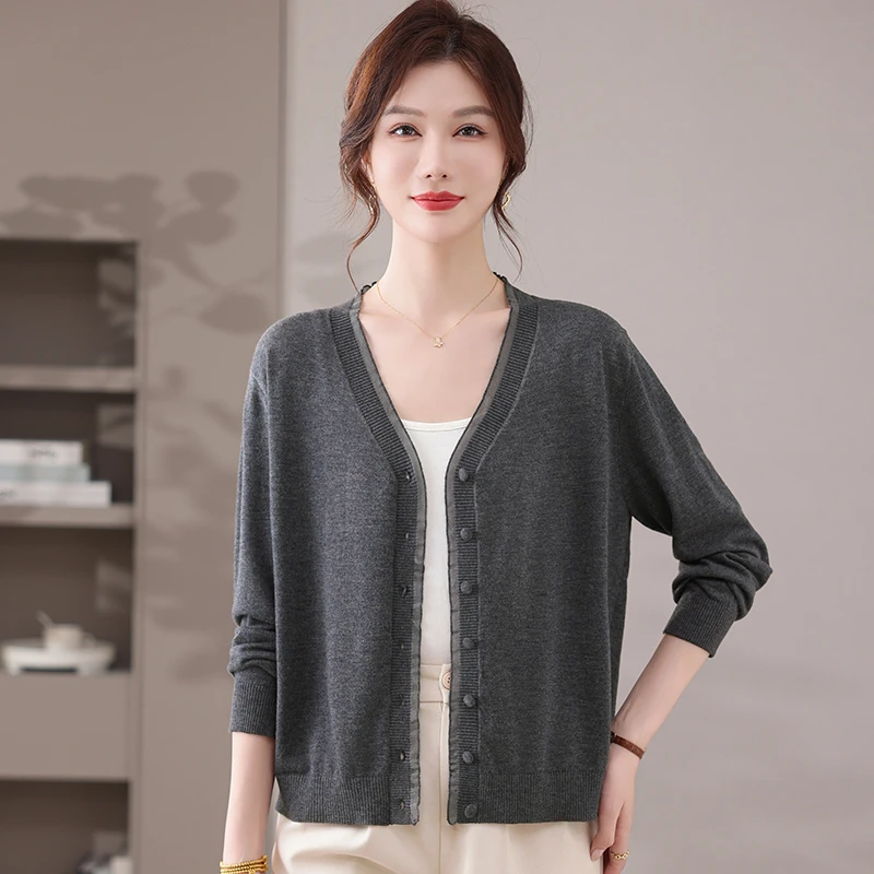 品牌女装大码水洗针织开衫女纯色长袖薄款针织衫时尚秋装上衣外搭