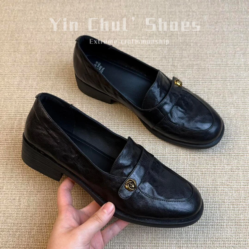 时尚休闲中口圆头粗跟纯色乐福鞋低跟女鞋豆豆鞋黑色英伦风单鞋