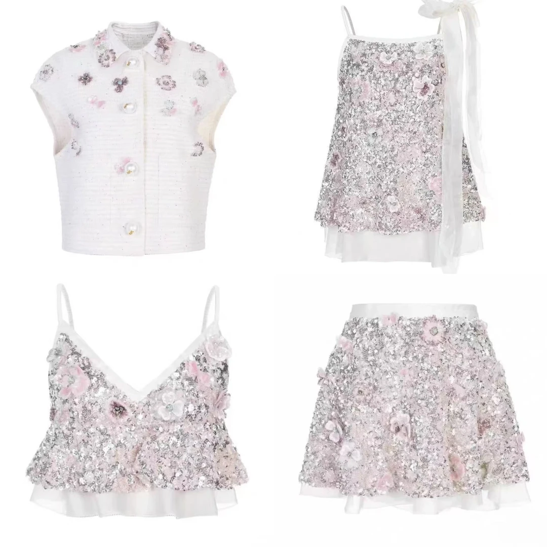 辰辰木子店重工小香风亮片花朵短袖上衣