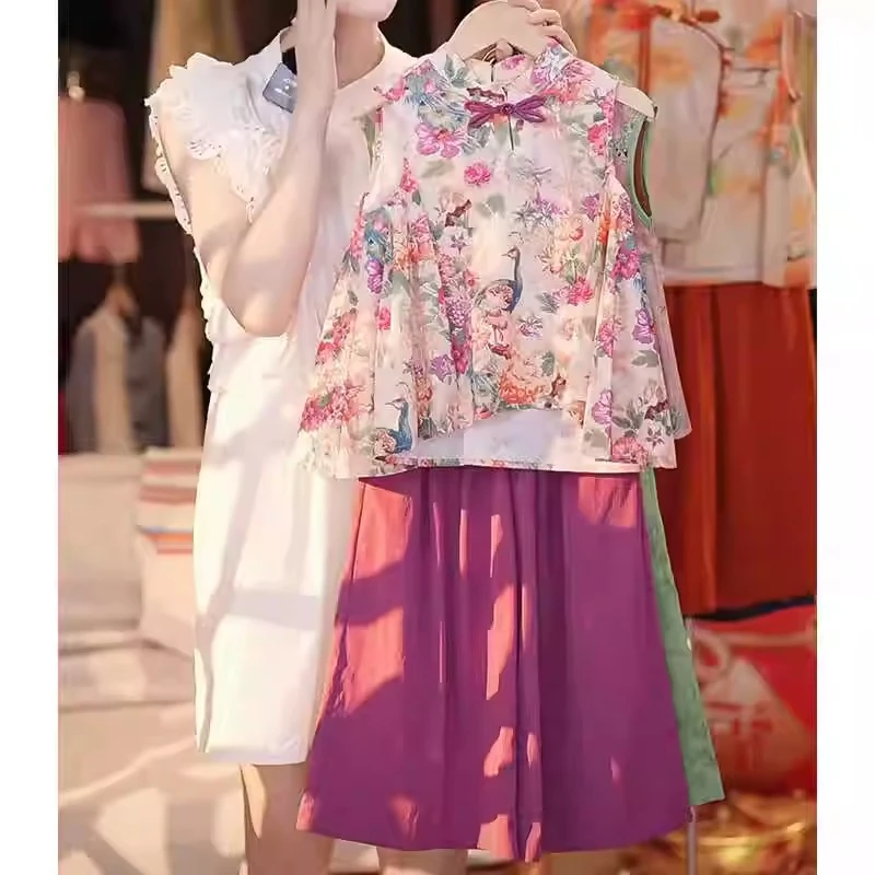 女童套装2025夏新款中国风碎花复古无袖上衣童装新中式儿童两件套