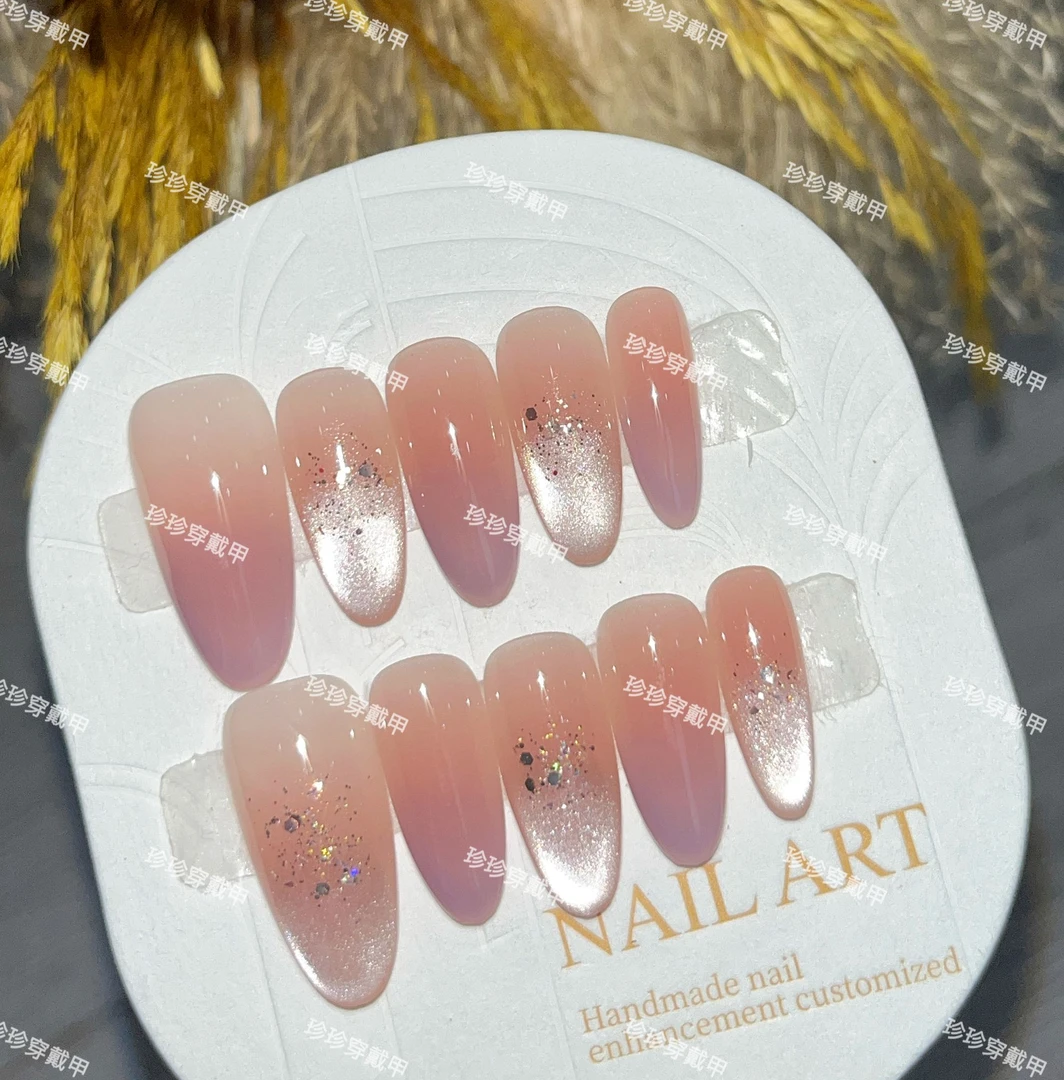 【秋月紫】珍珍手工穿戴甲温柔奶紫渐变金色猫眼跳色可拆卸美甲贴片