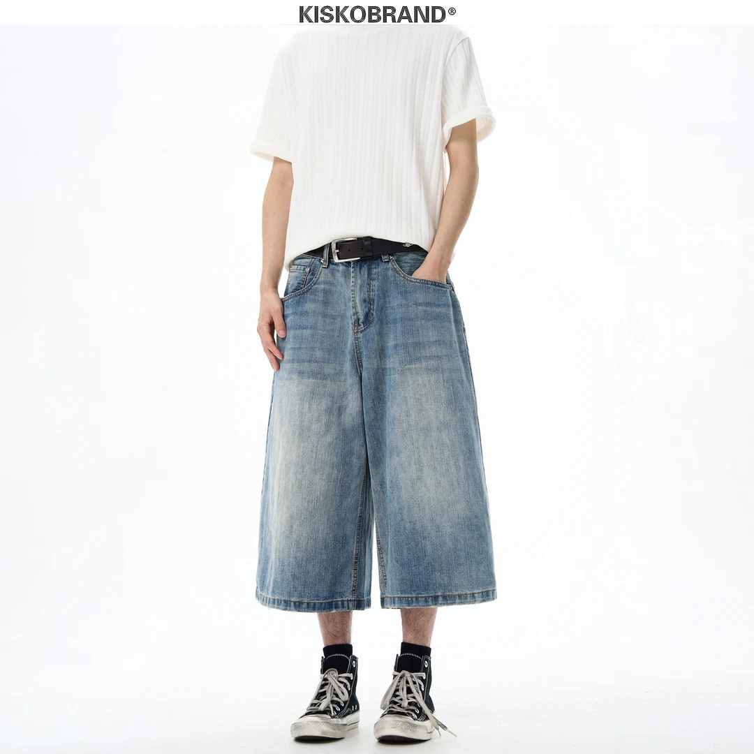 KISKO美式高街竹节纹水洗蓝色牛仔短裤男女宽松直筒百搭中裤情侣